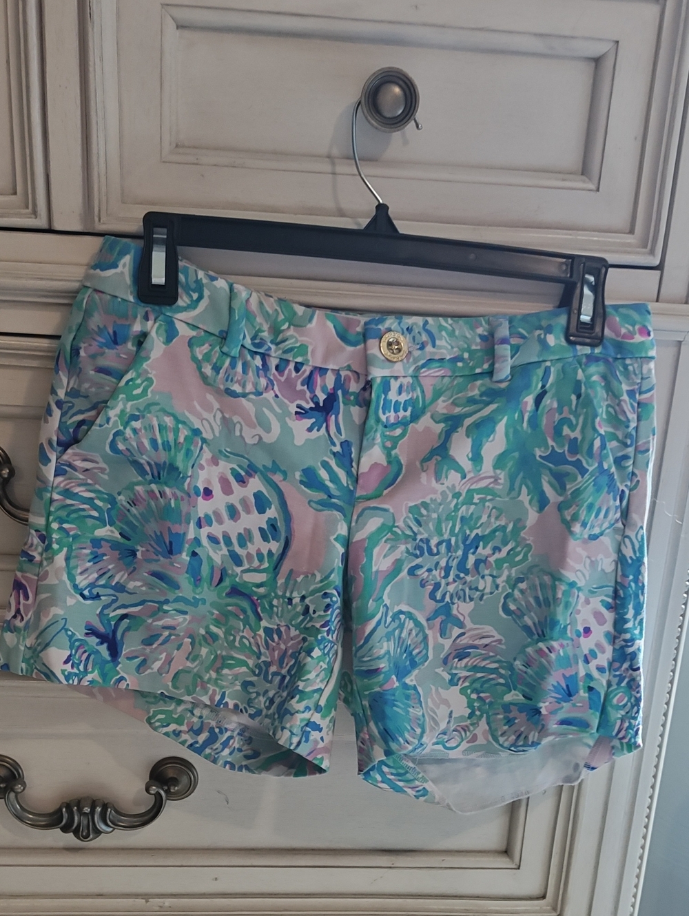 Lilly Pulitzer Aqua and Pink Floral Shell Print Bermuda Shorts